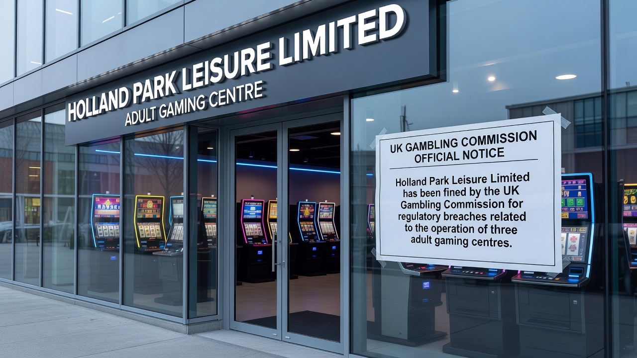 Close-up of gaming machines inside an adult gaming centre showing self-exclusion notices posted on walls