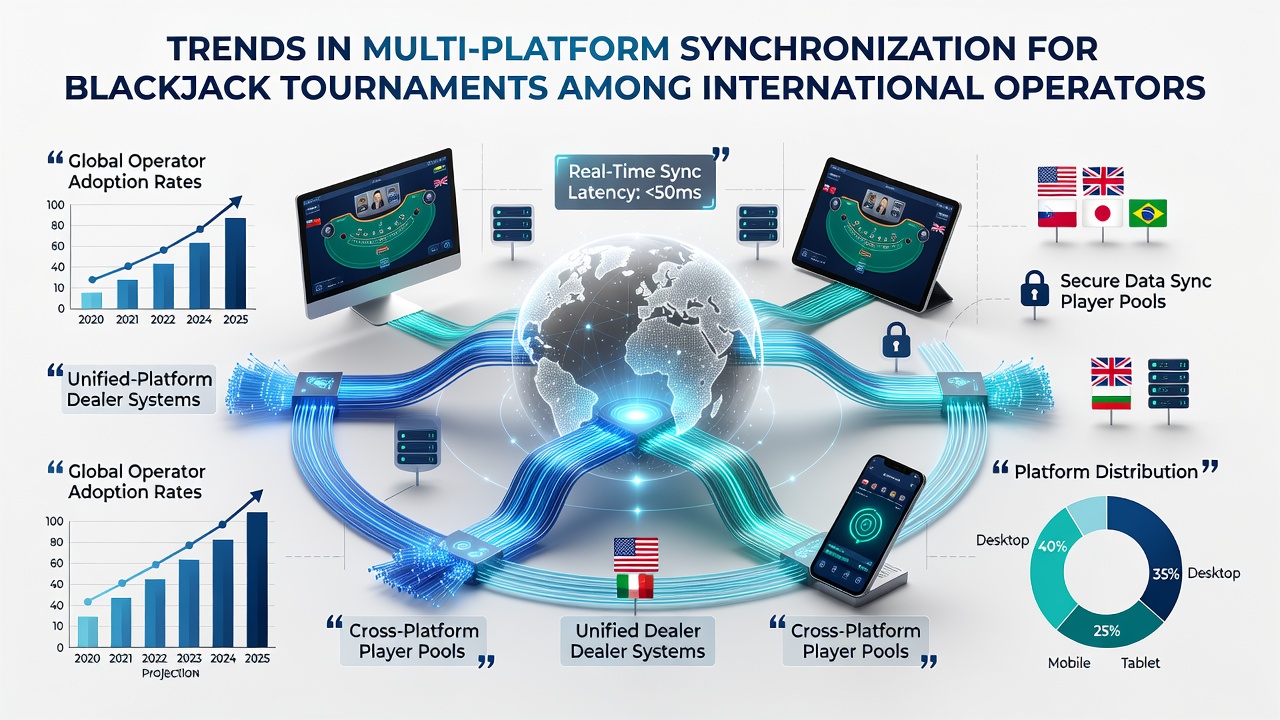 Operators reviewing synchronized blackjack tournament data on multiple screens